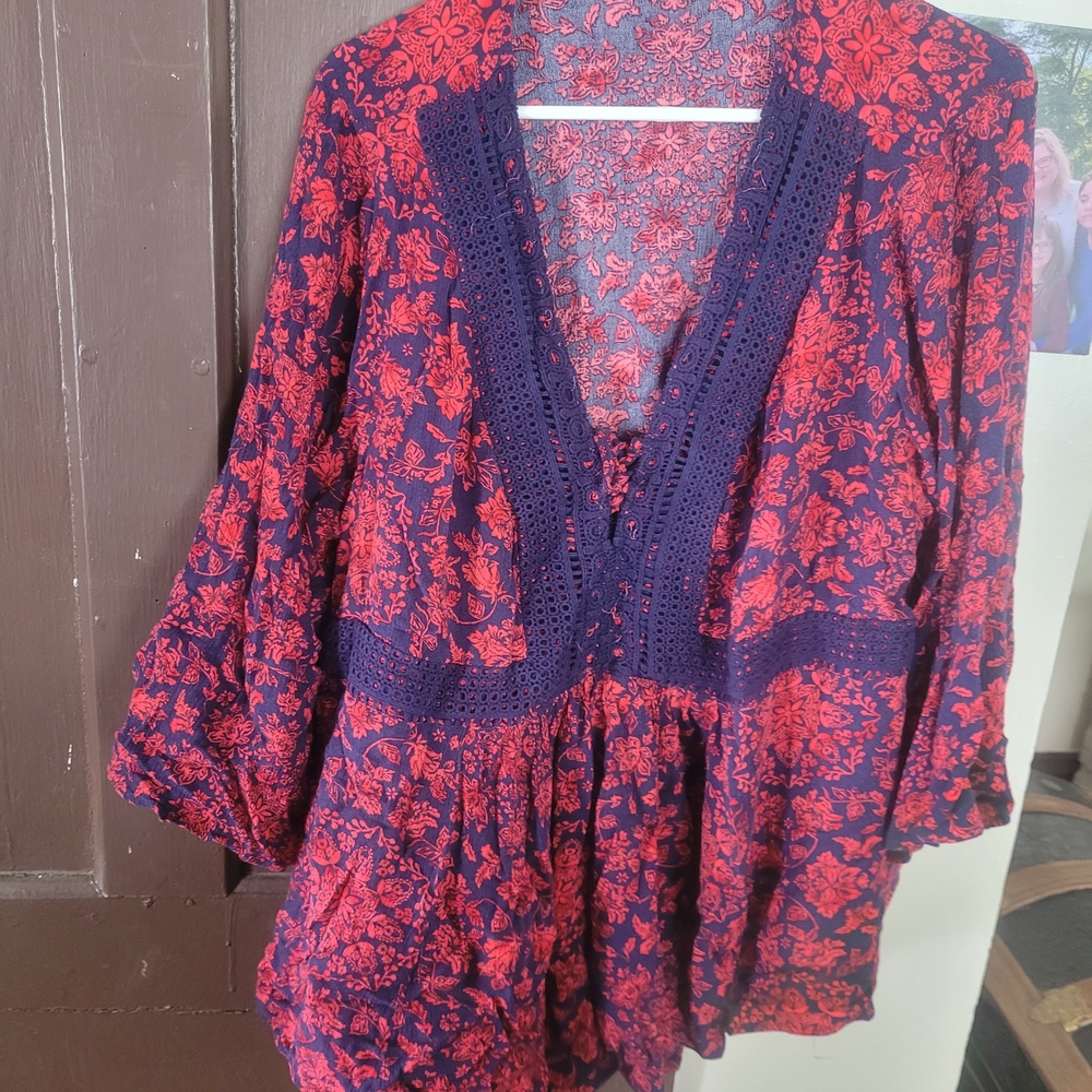 Torrid Red and Blue Floral Blouse